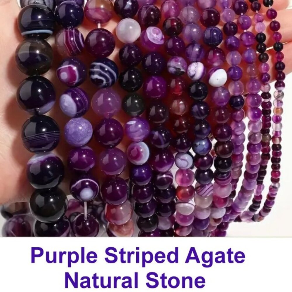 Purple Stripe Agate Natural Stone Beads.  15" strand.